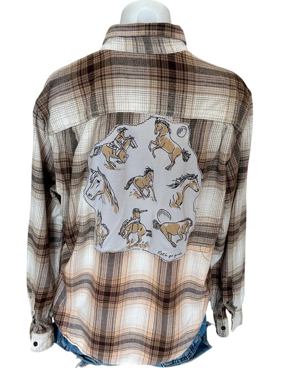 Horse Girl Plaid Flannel Shirt LARGE Oversized Unique Upcycled Cowgirl Western